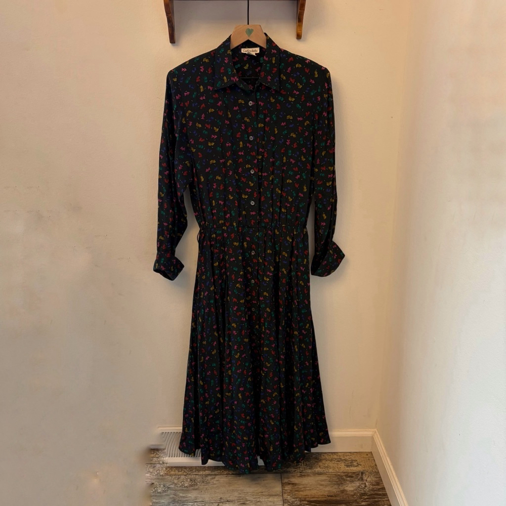 Vintage Garfinckel’s Black Geometric Print Silk Shirt Dress Size 10 - Picture 2 of 9